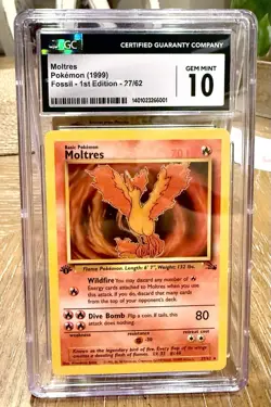 CGC 10 GEM MINT Moltres 1999 Fossil 1st Edition 27/62 Pokemon Card - Image 1