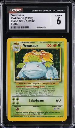 1999 POKEMON BASE SET UNLIMITED HOLO #15 VENUSAUR CGC 6 - Image 1