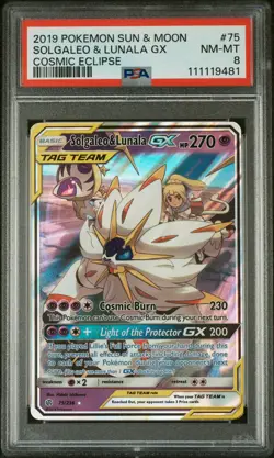 2019 POKEMON SUN & MOON COSMIC ECLIPSE #75 SOLGALEO & LUNALA GX PSA 8 - Image 1