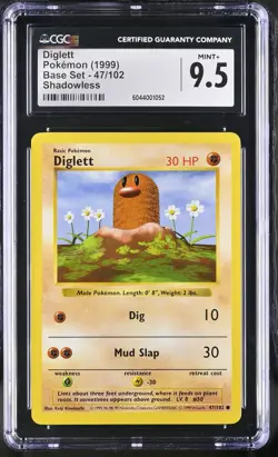 CGC 9.5 MINT+ Diglett 1999 Base Set 47/102 Shadowless Pokemon Card - Image 1
