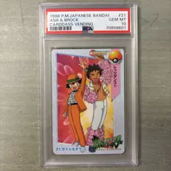 1998 POKEMON JAPANESE BANDAI ASH & BROCK CARDASS VENDING #21 PSA 10 - Image 1
