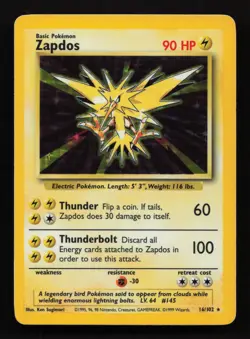 Pokemon TCG Zapdos Base Set Holo Unlimited Rare Card 16/102 NM/VLP Condition - Image 1