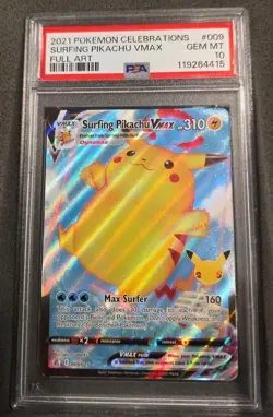 POKEMON CARD SURFING PIKACHU VMAX 9 CELEBRATIONS #009 GRADED PSA 10 GEM MINT 009 - Image 1