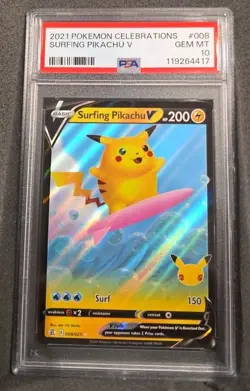 POKEMON CARD SURFING PIKACHU V 8 CELEBRATIONS #008 GRADED PSA 10 GEM MINT 008 - Image 1