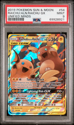 PSA 9 Mint 2019 Pokemon Sun & Moon Unified Minds Raichu Alolan Tag Team #54/236 - Image 1