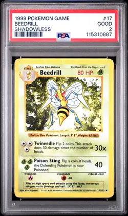1999 POKEMON BASE SET SHADOWLESS #17 BEEDRILL PSA 2 - Image 1
