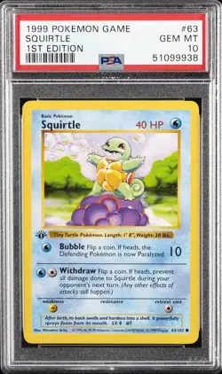 1999 POKEMON BASE SET 1ST EDITION #63 SQUIRTLE PSA 10 - Image 1