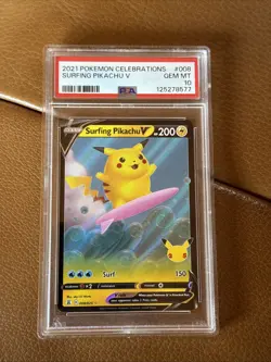 2021 Pokemon Celebrations Surfing Pikachu V #008 PSA 10 GEM MT - Image 1