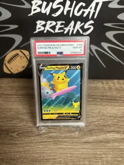 2021 POKEMON CELEBRATIONS #008 SURFING PIKACHU V PSA 10 - Image 1
