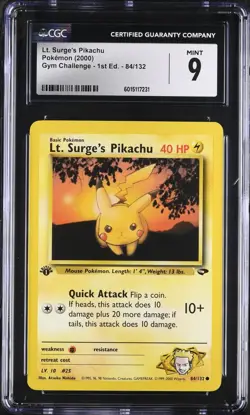 CGC 9 MINT Lt. Surge's Pikachu Gym Challenge 1st Edition 84/132 Pokemon Card - Image 1