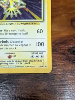 Pokemon TCG Zapdos Holo Rare Card Base Set 16/102, 1999 - Image 2