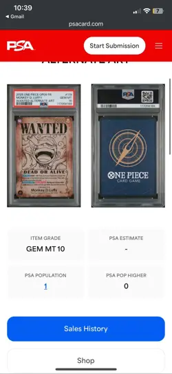One Piece Monkey.D.Luffy OP05-119 SEC Wanted Poster 1/1 PSA Error Card Grade 10 - Image 3