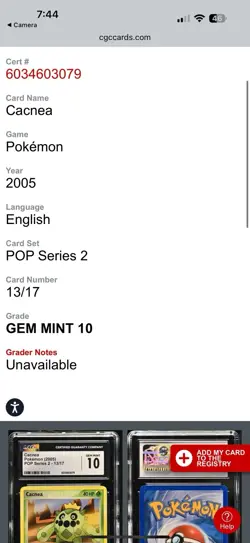 Cacnea CGC 10 Gem Mint POP Series 2 13/17 Pokemon Card 2005 - Image 5