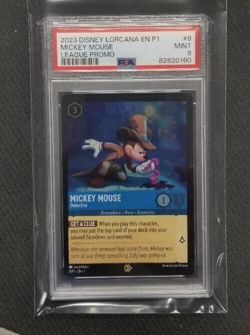Disney Lorcana MICKEY MOUSE DETECTIVE 8/P1 OP League Foil Promo Card PSA Mint 9 - Image 1