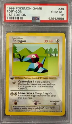 1999 POKEMON BASE SET 1ST EDITION #39 PORYGON PSA 10 - Image 1