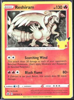 2021 Pokemon Reshiram 002/025 Celebrations Holo Rare - Image 1