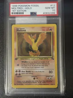 PSA 10 Moltres 1st Edition Holo Pokemon 12/62 Fossil - Image 1