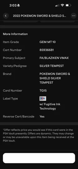2022 Pokemon SWSH FA/Blaziken VMAX Silver Tempest TG15/TG30 PSA 10 GEM - Image 4