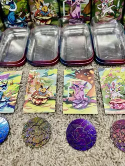 Full Set 8 EMPTY Pokemon Prismatic Evolutions Mini Tins, Coins, Cards, Plastic - Image 3