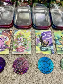 Full Set 8 EMPTY Pokemon Prismatic Evolutions Mini Tins, Coins, Cards, Plastic - Image 4