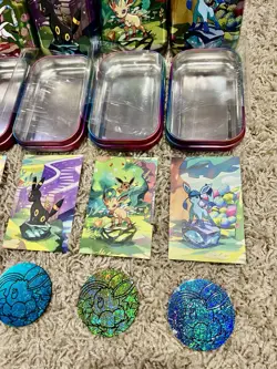 Full Set 8 EMPTY Pokemon Prismatic Evolutions Mini Tins, Coins, Cards, Plastic - Image 5