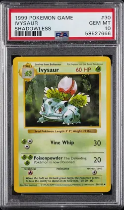 1999 POKEMON BASE SET SHADOWLESS #30 IVYSAUR PSA 10 - Image 1