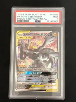 PSA 9, 2019 POKEMON SM BLACK STAR PROMOS #SM168 PIKACHU & ZEKROM GX TAG TEAM - Image 1