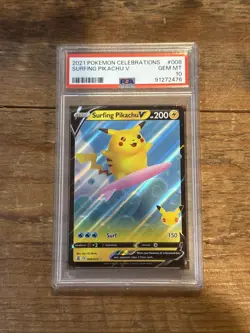 2021 POKEMON CELEBRATIONS #008 SURFING PIKACHU V PSA 10 GEM MINT - Image 1