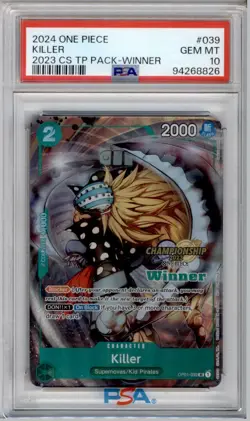 PSA 10 ONE PIECE KILLER 2023 CHAMPIONSHIP PROMO WINNER CARD OP01-039 722B - Image 1