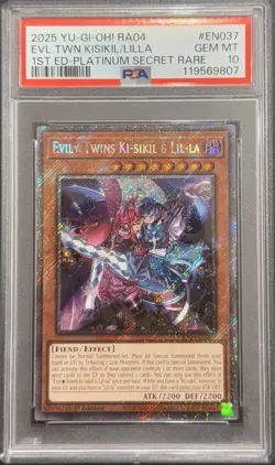 2025 PSA 10 YUGIOH RA04 1ST ED PLATINUM SECRET RARE EVIL TWINS KI SIKIL & LIL LA - Image 1