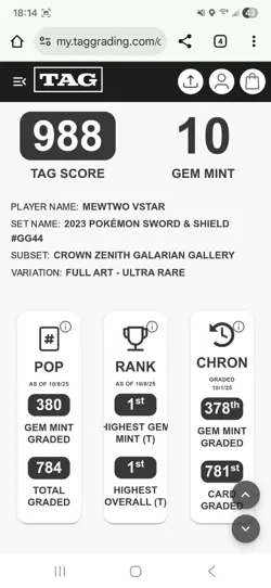 #1 Highest Ranked TAG 10 GG44/GG70 Mewtwo Vstar Pokemon Crown Zenith Gem Mint 10 - Image 3