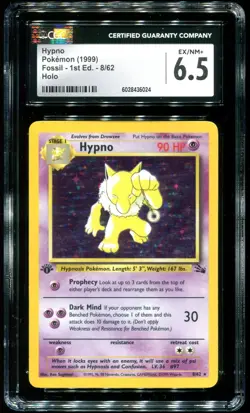 CGC 6.5 Hypno 1st Edition Holo Rare Fossil 1999 Pokemon Card #8 - Image 1