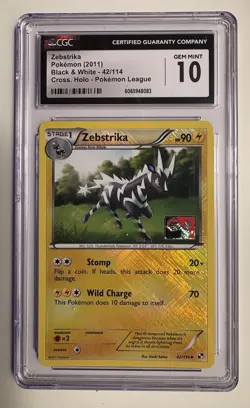 CGC 10 GEM MINT ZEBSTRIKA 42/114 Black And White Pokemon League Cross Holo Card - Image 1