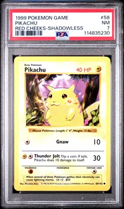 1999 POKEMON BASE SET RED CHEEKS-SHADOWLESS #58 PIKACHU PSA 7 - Image 1