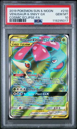 2019 POKEMON SUN & MOON COSMIC ECLIPSE #210 FULL ART/VENUSAUR & SNIVY GX PSA 10 - Image 1