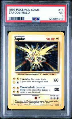 1999 POKEMON BASE SET UNLIMITED #16 ZAPDOS-HOLO PSA 3 - Image 1