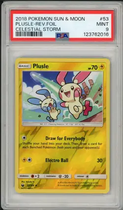 2018 Pokemon Sun & Moon Celestial Storm Plusle Reverse Holo Foil #53 PSA 9 - Image 1