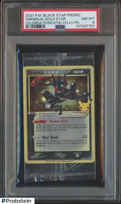 2021 Pokemon Black Star Promo Celebrations ETB Cello Pk Greninja Gold Star PSA 8 - Image 1