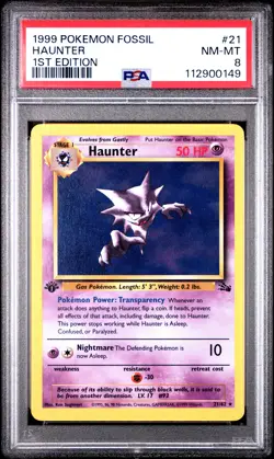 1999 Pokemon Fossil Haunter #21 1ST Edition PSA 8 - Image 1