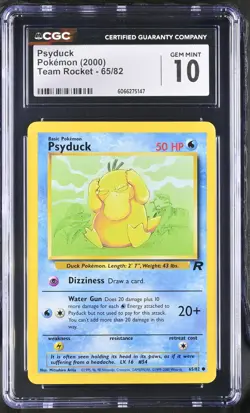 CGC 10 GEM MINT Psyduck 2000 Team Rocket 65/82 Pokemon Card - Image 1
