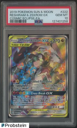 2019 Pokemon Sun & Moon Cosmic Eclipse FA #222 Reshiram & Zekrom Gx PSA 10 - Image 1
