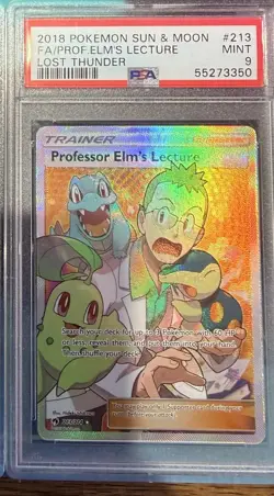 2018 POKEMON SUN & MOON LOST THUNDER #213 FULL ART/PROFESSOR ELM'S LECTURE PSA 9 - Image 1