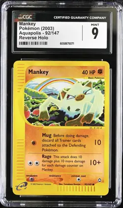 CGC 9 MINT Mankey 2003 Aquapolis 92/147 Reverse Holo Pokemon Card - Image 1