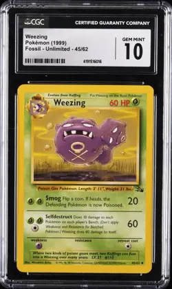 1999 POKEMON FOSSIL UNLIMITED #45/62 WEEZING CGC 10 GEM MINT - Image 1