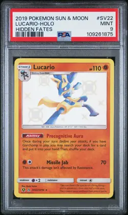 2019 POKEMON SUN & MOON HIDDEN FATES #SV22 LUCARIO-HOLO PSA 9 - Image 1