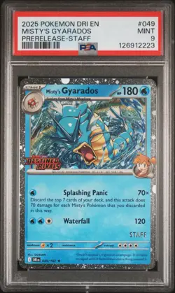 2025 POKEMON DRI EN-DESTINED RIVALS PRERELEASE-STAFF #049 MISTY'S GYARADOS PSA 9 - Image 1