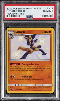 2019 POKEMON SUN & MOON HIDDEN FATES #SV22 LUCARIO-HOLO PSA 10 - Image 1