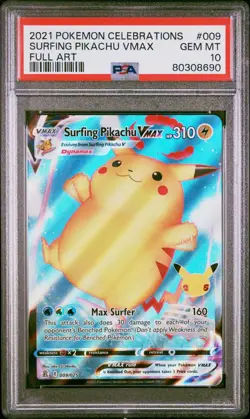 2021 POKEMON CELEBRATIONS #009 FULL ART/SURFING PIKACHU VMAX PSA 10 #690 - Image 1