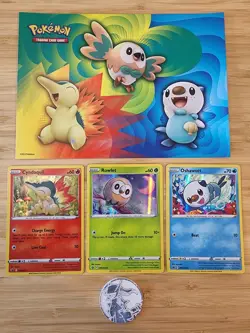 Pokemon Rowlet Cyndaquil Oshawott SWSH220/221/222 Cards + Arceus Coin Promo - Image 1