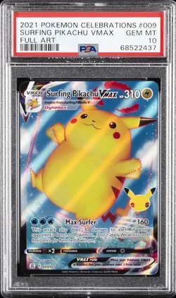 2021 POKEMON CELEBRATIONS #009 FULL ART/SURFING PIKACHU VMAX PSA 10 - Image 1